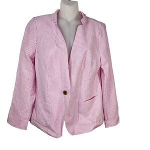 Talbots Woman Aberdeen Blazer Jacket Size 6 Linen Blend Pink Stripes Pockets